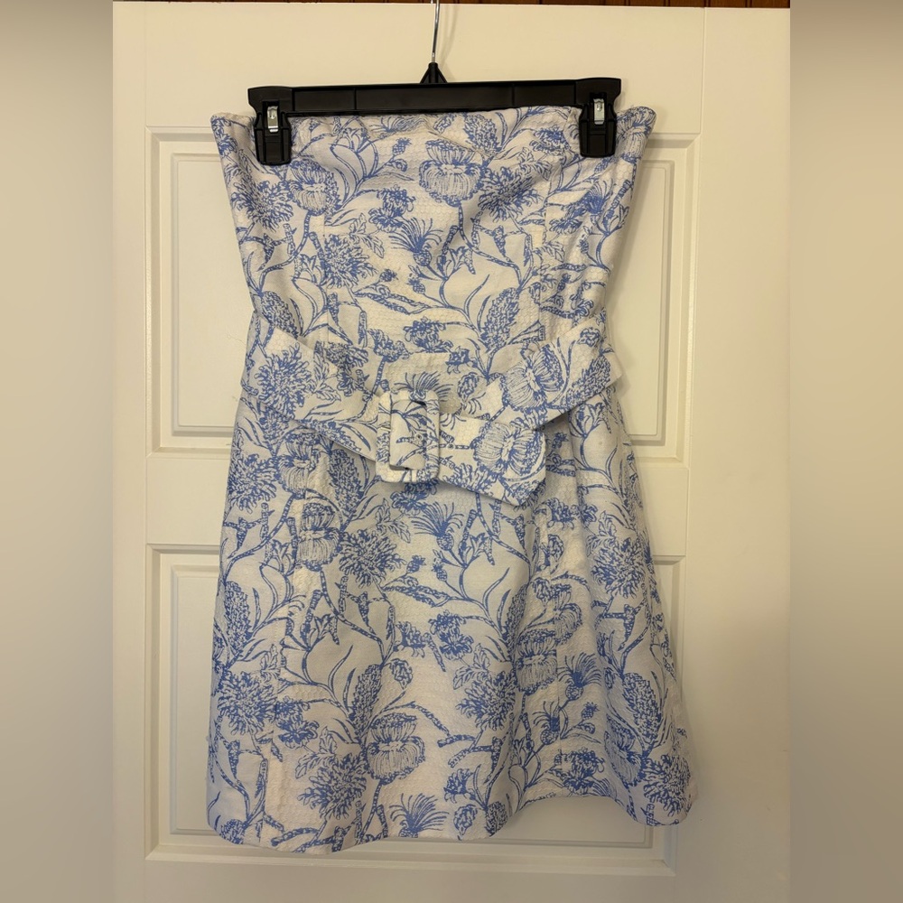 Amanda Uprichard Fae Dress in Toile Brocade, English Blue Pattern
